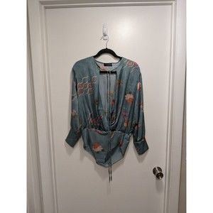 Zara Size M Blouse Bodysuit Blue Floral Silky Bohemian Deep V Long Sleeve